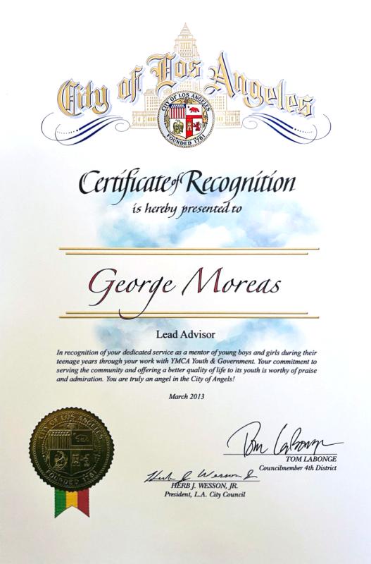 City of Los Angeles Certificate of Recognition presented to George Moreas