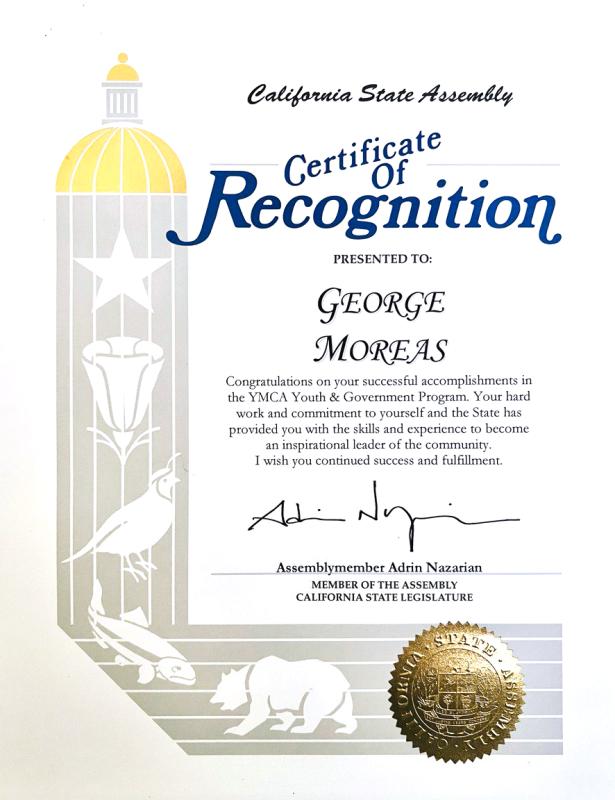 California State Assembly Certificate of Recognition presented to George Moreas