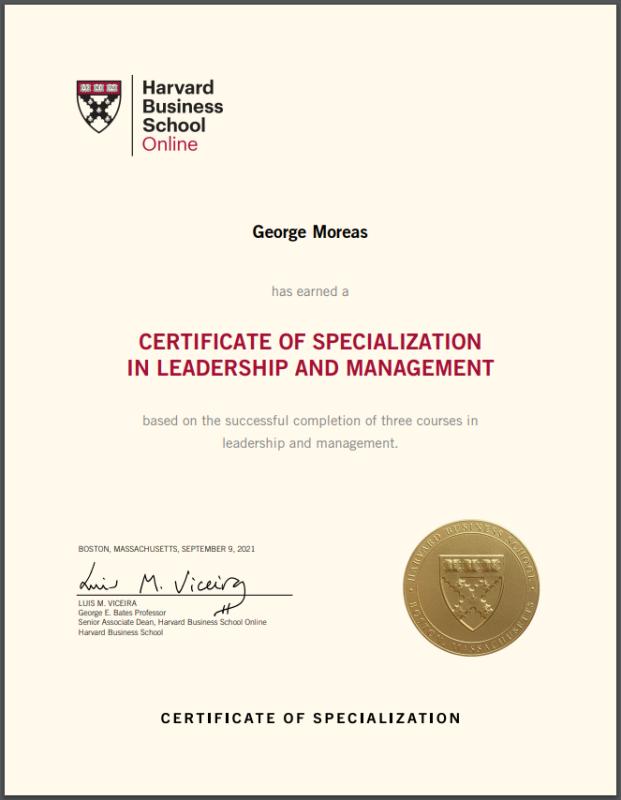 Harvard Business School Online Certificate of Specialization in Leadership and Management for George Moreas